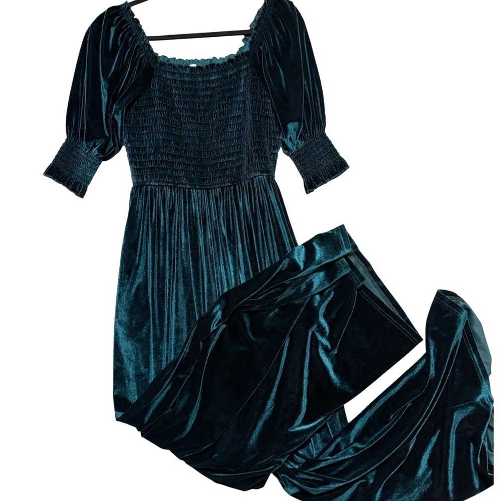 Womens Jumpsuit Velvet Green Wide Leg Puff Sleeve Cottagecore Boho Smocked Small